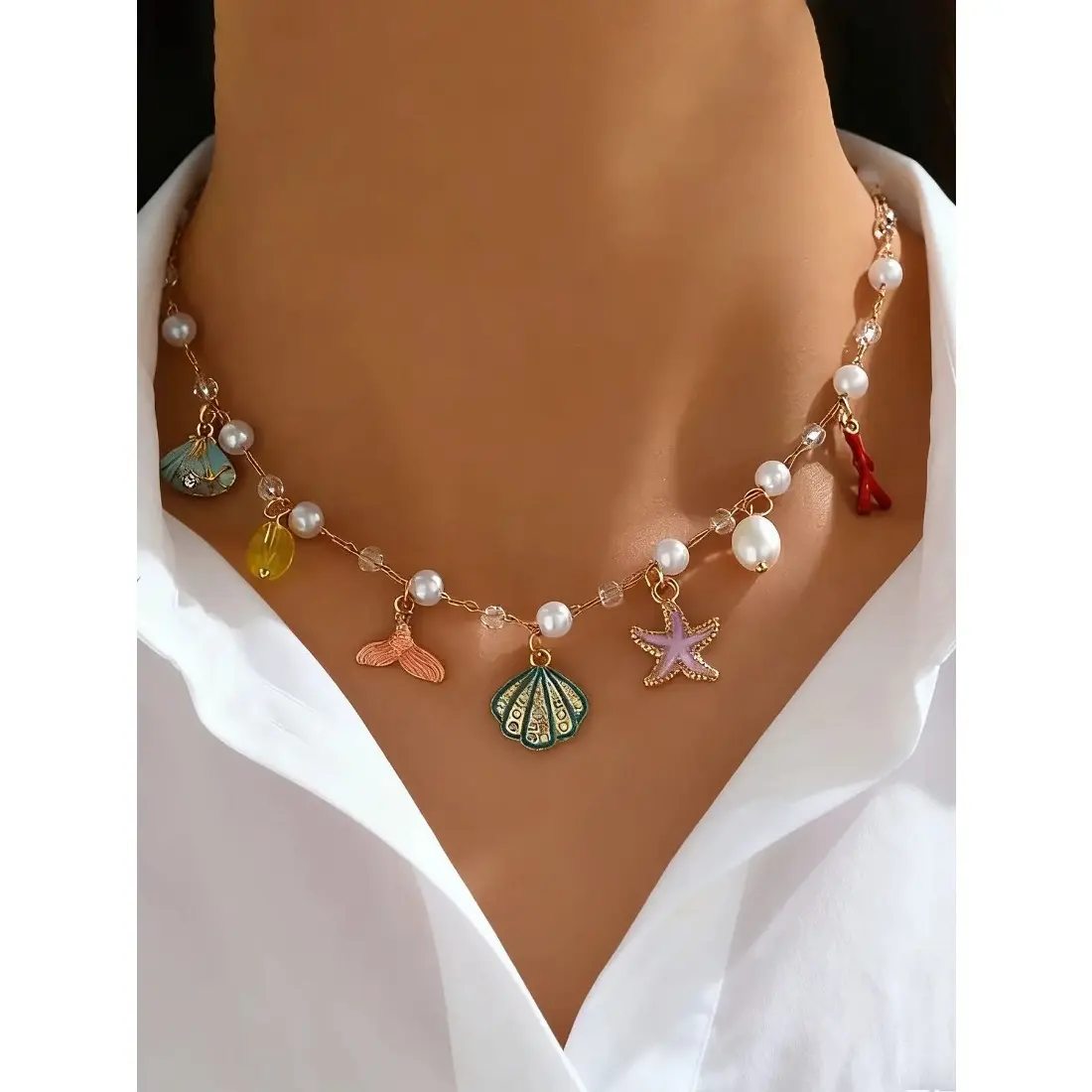 Ocean Wind Shell Starfish Fish Tail Pendant Necklace, Dainty Boho Necklace, Luxurious High-End Versatile Faux Pearl Choker, Elegant Jewelry for Women, Versatile Accessory, Casual Trendy Jewelry, Dainty Necklaces
