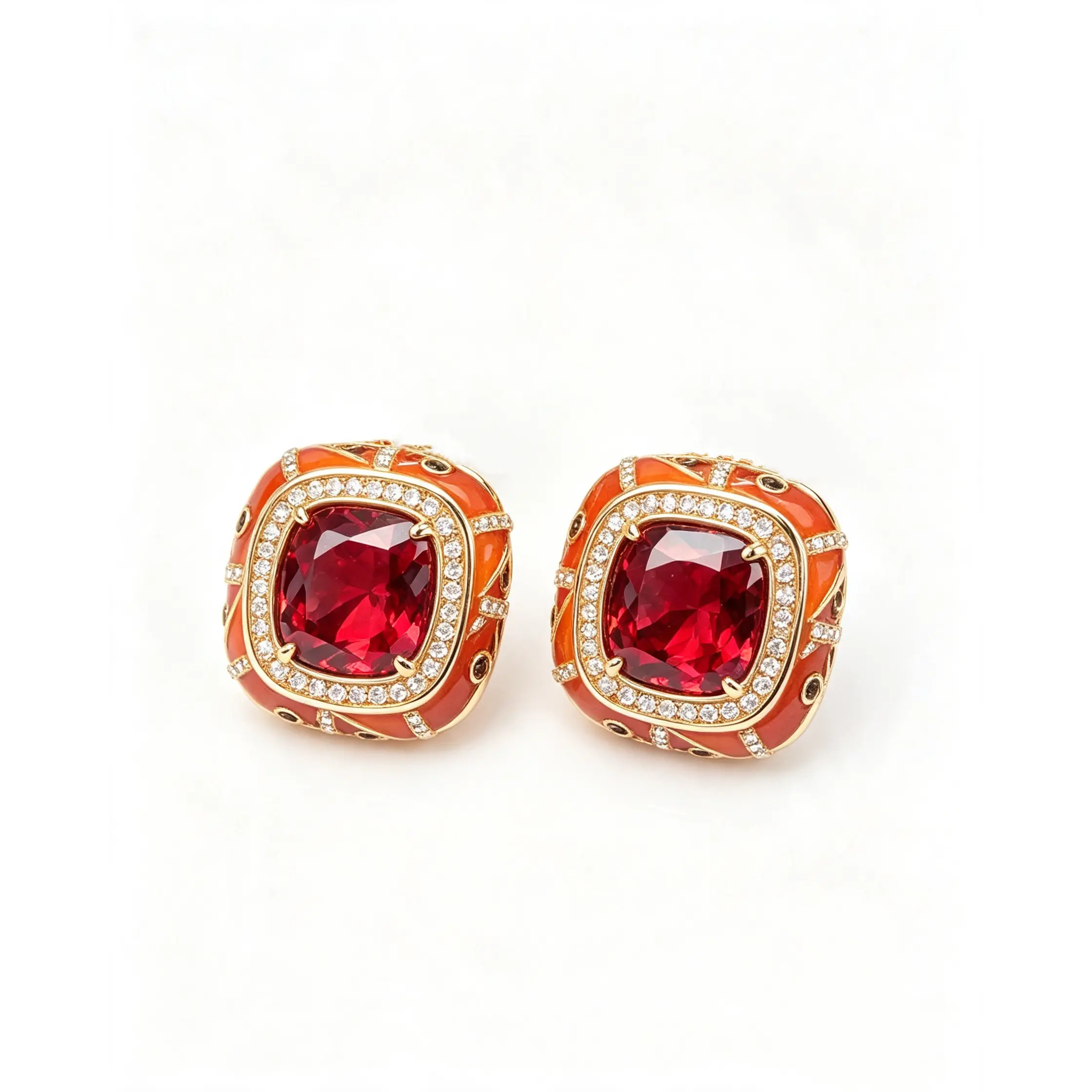 Women's French Retro Red Ruby Enamel Stud Earrings - Gold Carved Cushion Cut Rhinestone Statement Earrings for Anniversary Occasions, Metal Coating