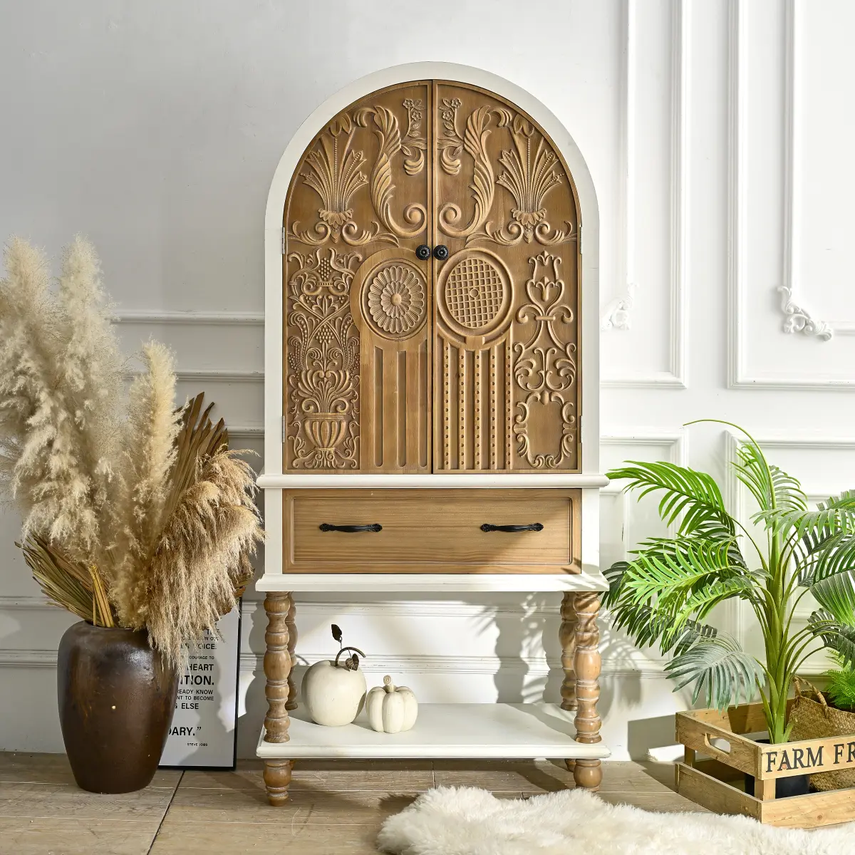 Aobtkel Vintage 31.50in Carved Floral Arched Door Accent Sideboard Cabinet - Single Unit Wooden Cupboard with 1 Drawer, Shelf for Kitchen, Dining Room WL RR
