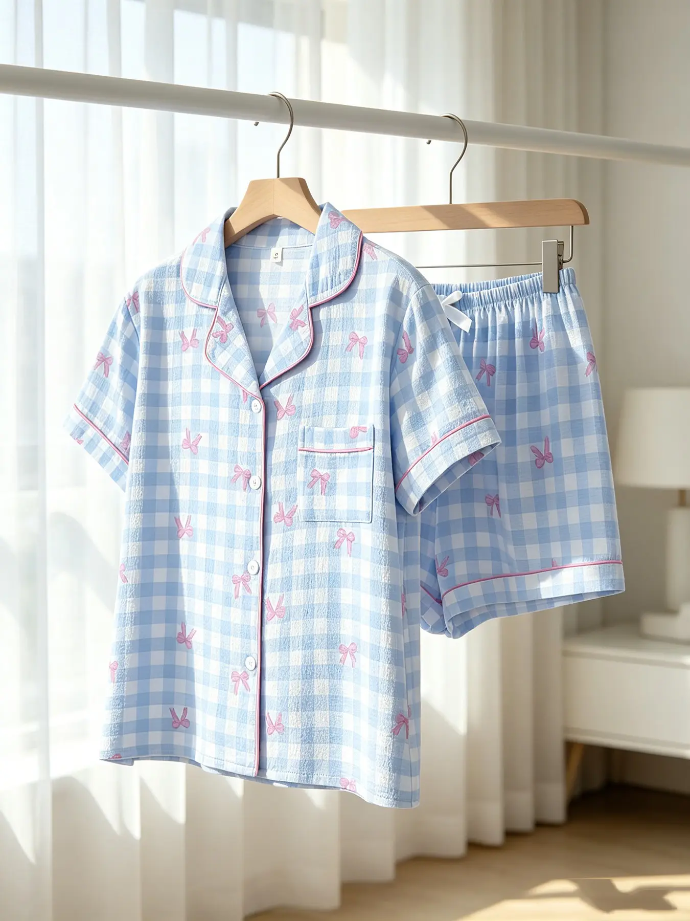 Women's Button-Down Short Sleeve Top & Shorts Pajama Set, Home Loungewear Pajamas, Plaid Blue White Gingham Print, Pink Piping Trim, Front Pocket, Spring Summer Wear, Loose Fit, Comfortable Lightweight Loungewear for Home & Errands