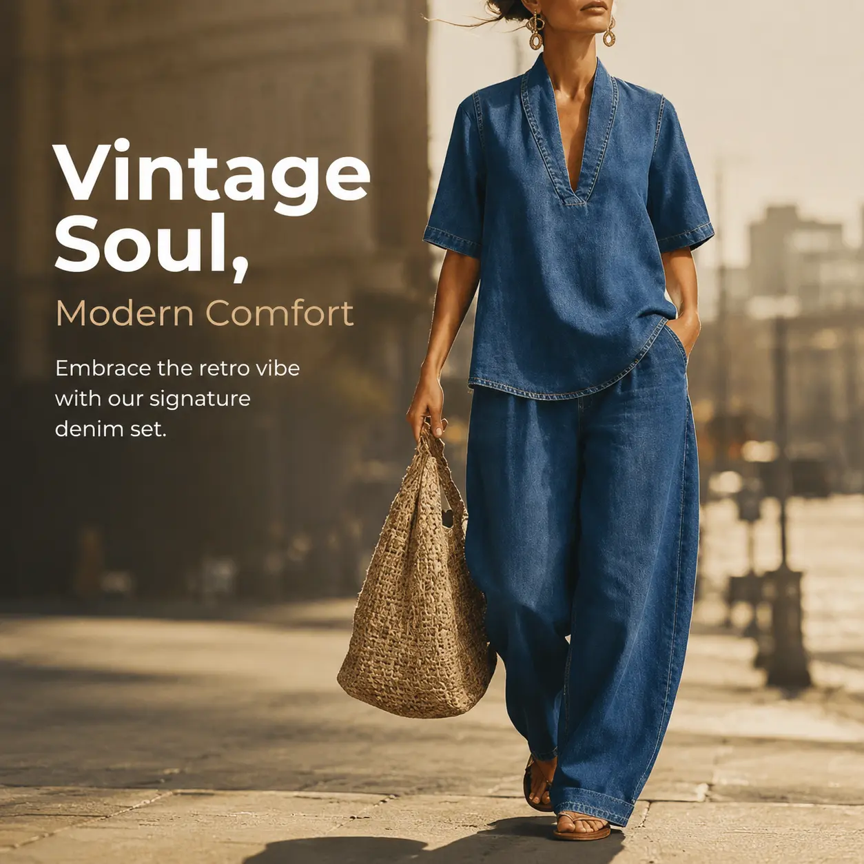 Plus Size Dark Wash Denim 2 Piece Outfit, V Neck Short Sleeve Button Top & Wide Leg Long Pants With Pockets Vintage Commuter Matching Set