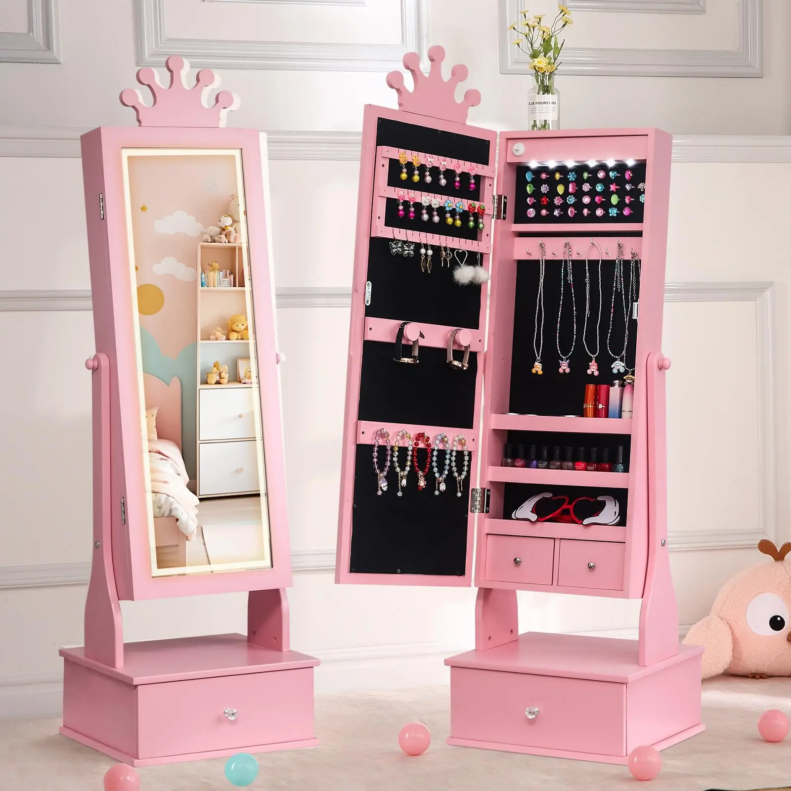 Garvee Jewelry Armoire with LED Light, Freestanding Organizer Featuring Full-Length Mirror and 3 Storage Drawers, Vanity Dress Up Jewelry Cabinet for Young Users