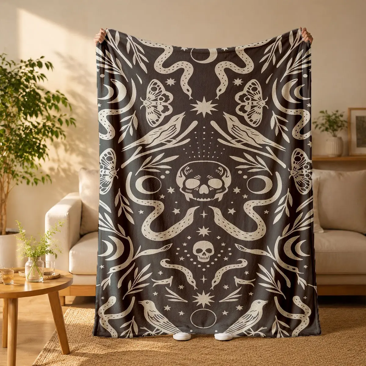 Dark Mystical Skull, Snake and Moon Print Flannel Blanket - Suitable for all seasons, soft, lightweight and breathable, for bedroom, seasonal and holiday decorations - Perfect for beds, sofas, offices, camping and travel