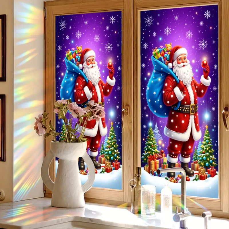 2D flat electrostatic stickers featuring Santa Claus, gift bags, and Christmas tree window decals, suitable for decorating kitchens and bathrooms, and removable.