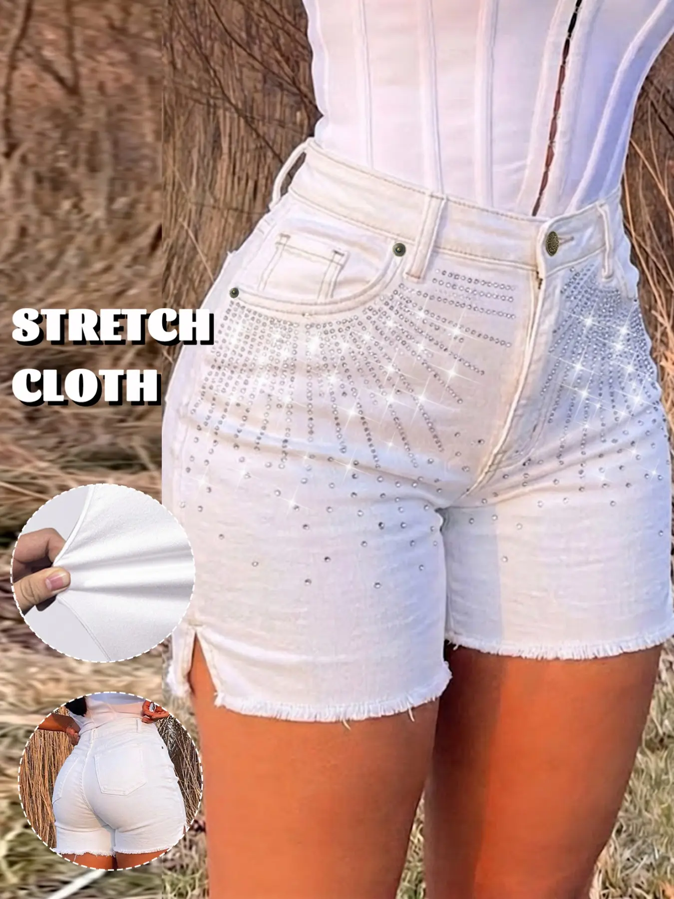 GILIPUR Women's High Waist Rhinestone Embellished Denim Shorts, Breathable Soft‑to‑Touch High‑Stretch Raw Frayed Hem Five‑Point Shorts, Casual Street Outfit For Beach Bar Going‑Out Party TChic