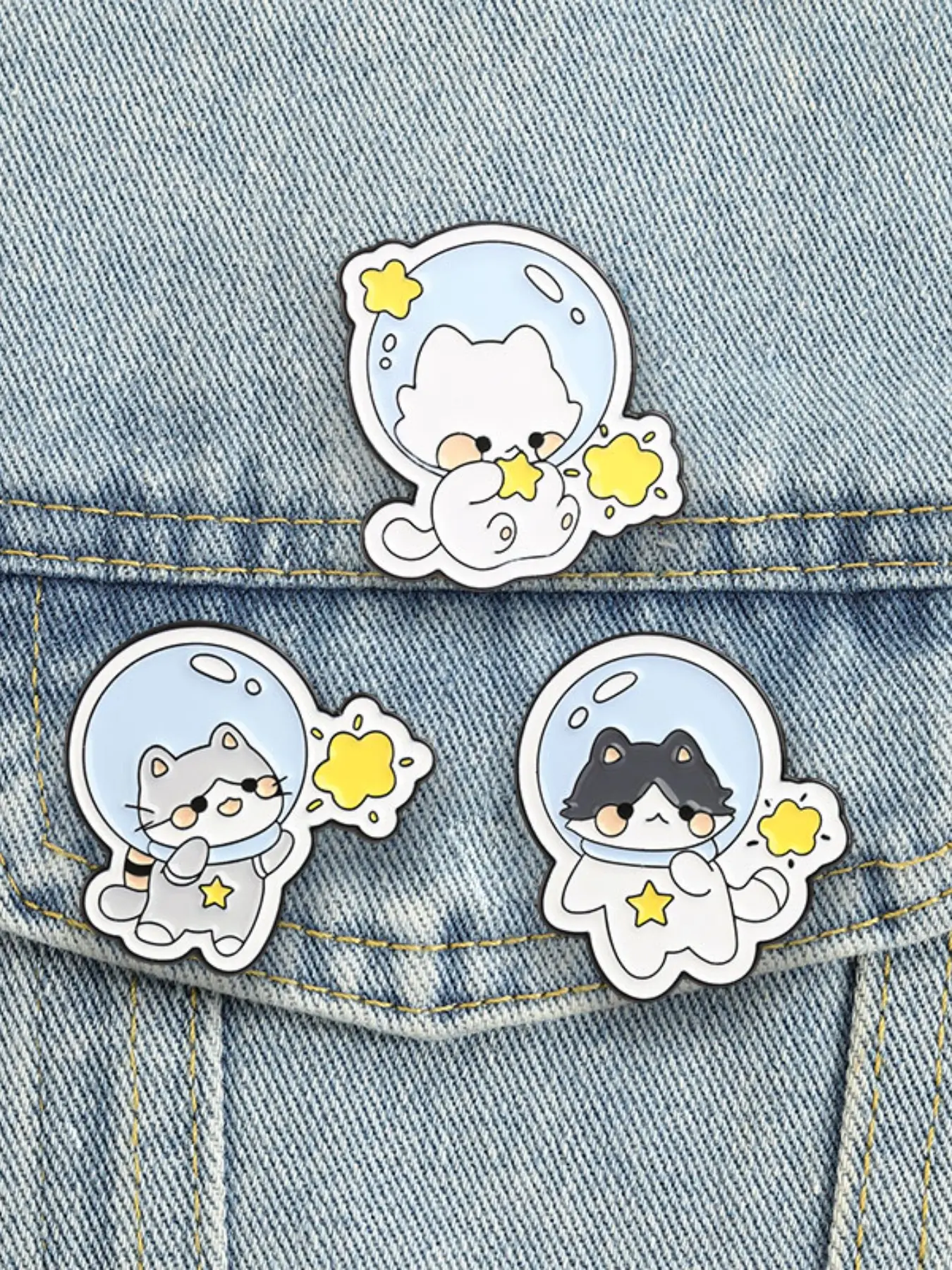 Cute Space Astronaut Cat Enamel Pin Set 3pcs, Galaxy Star Lapel Badge, Backpack Accessory, Fun Fashion Jewelry Gift
