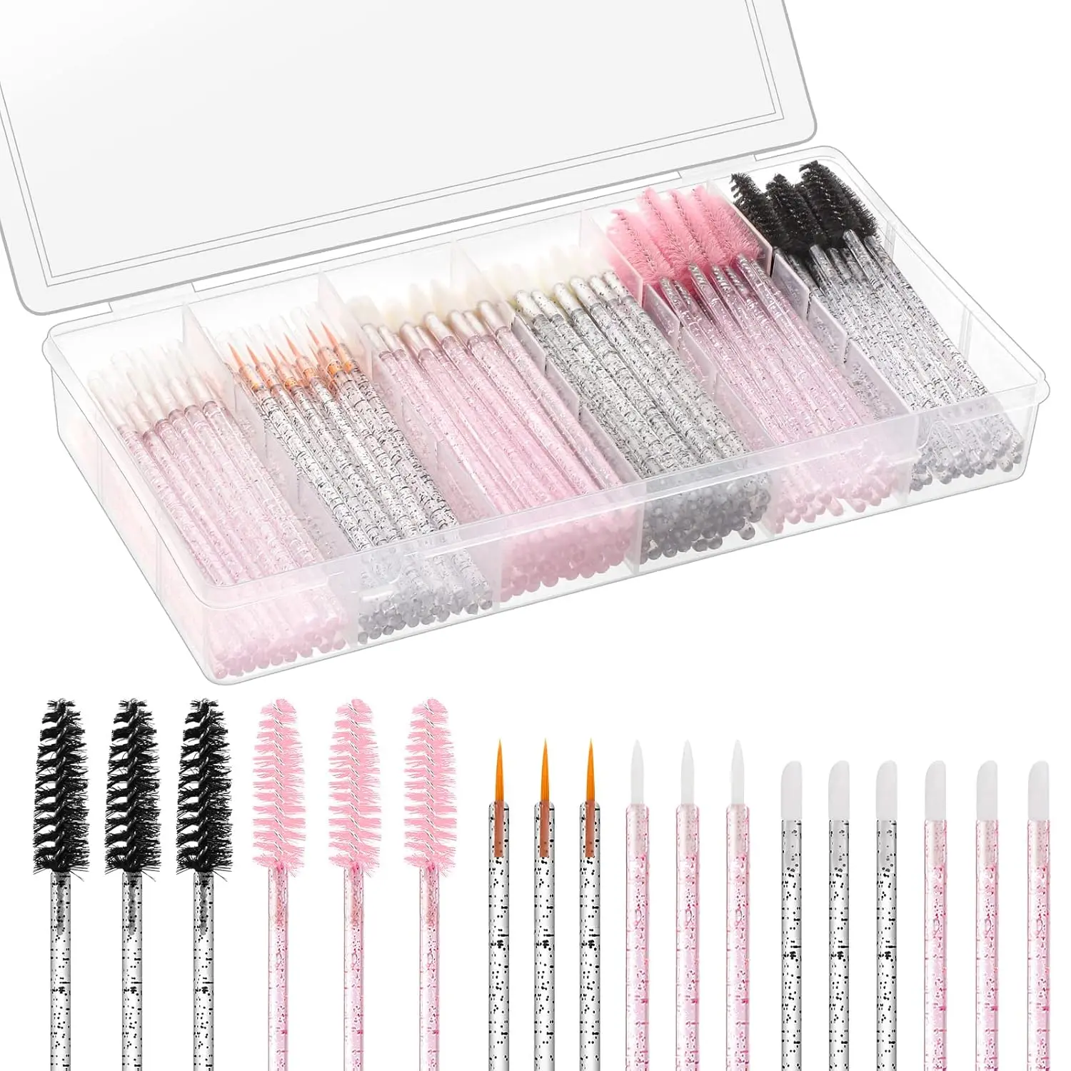 270 PCS Disposable Makeup Applicators Kit with Box, Crystal Handle| 100 mascara wands, 100 lip applicators, 70 eyeliner brushes, flexible heads, clear organizer box, for personal or pro use