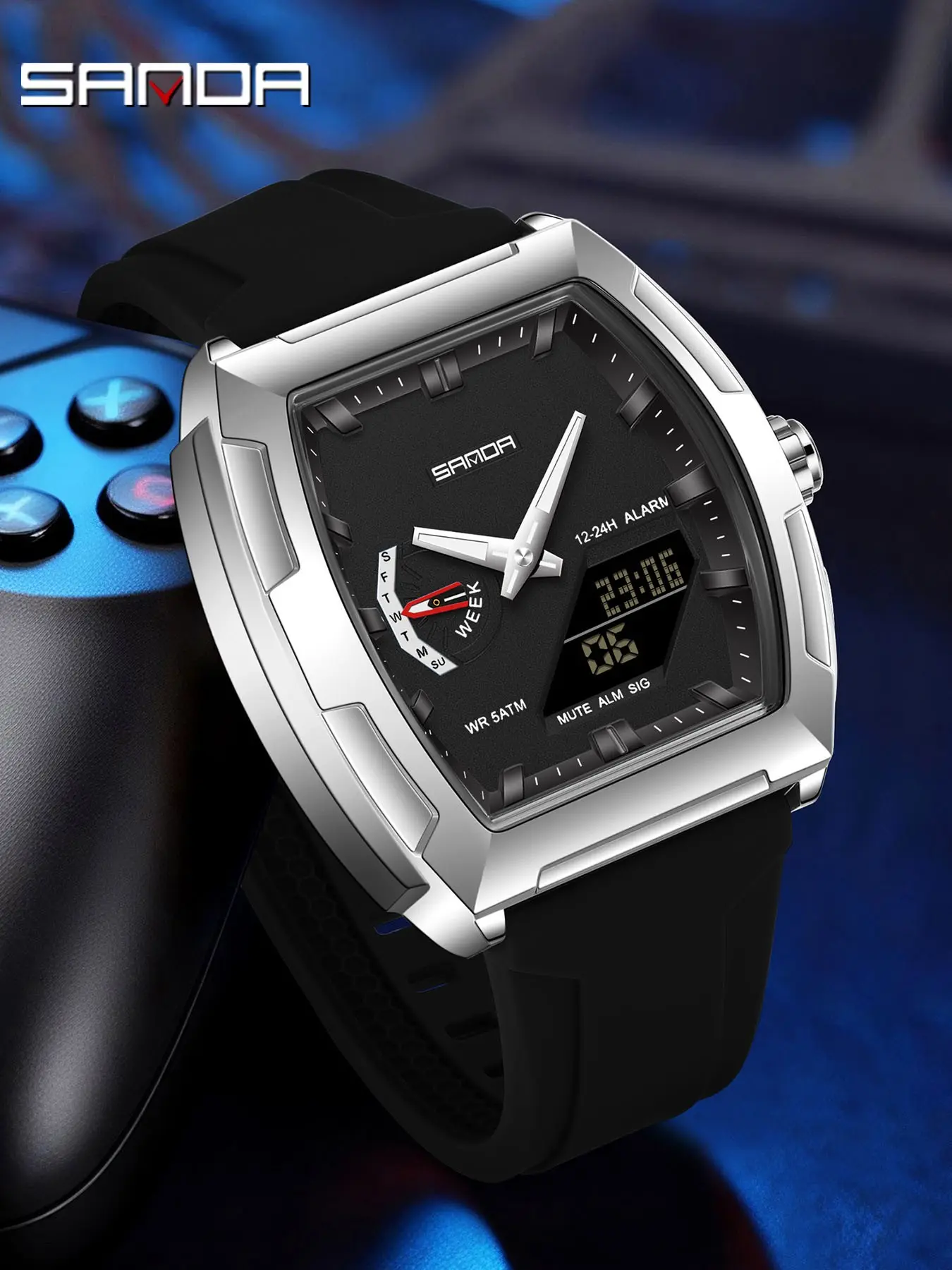 Sanda Military Men's Watch, Dual Display, Night Light, Waterproof, Calendar, Quartz, Casual Sports Style, 54mm Rectangle Face