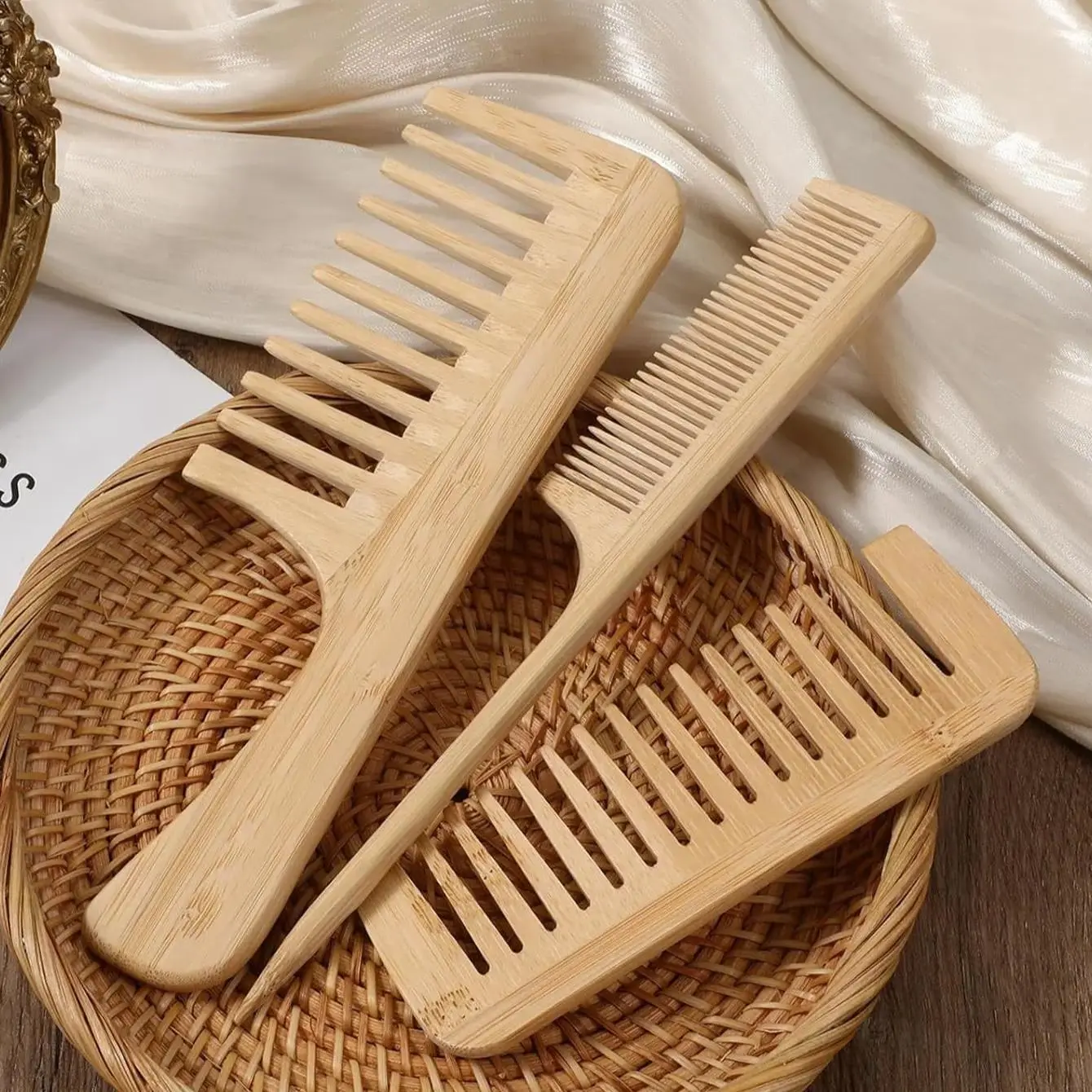 3pcs Handmade Bamboo Anti-Static Combs Set, Natural Bamboo Comb for Women Men Hair, Beard Wood Combs for Teasing Strands & Post Styling, Hair Care Comb, Anti Static Hairbrush