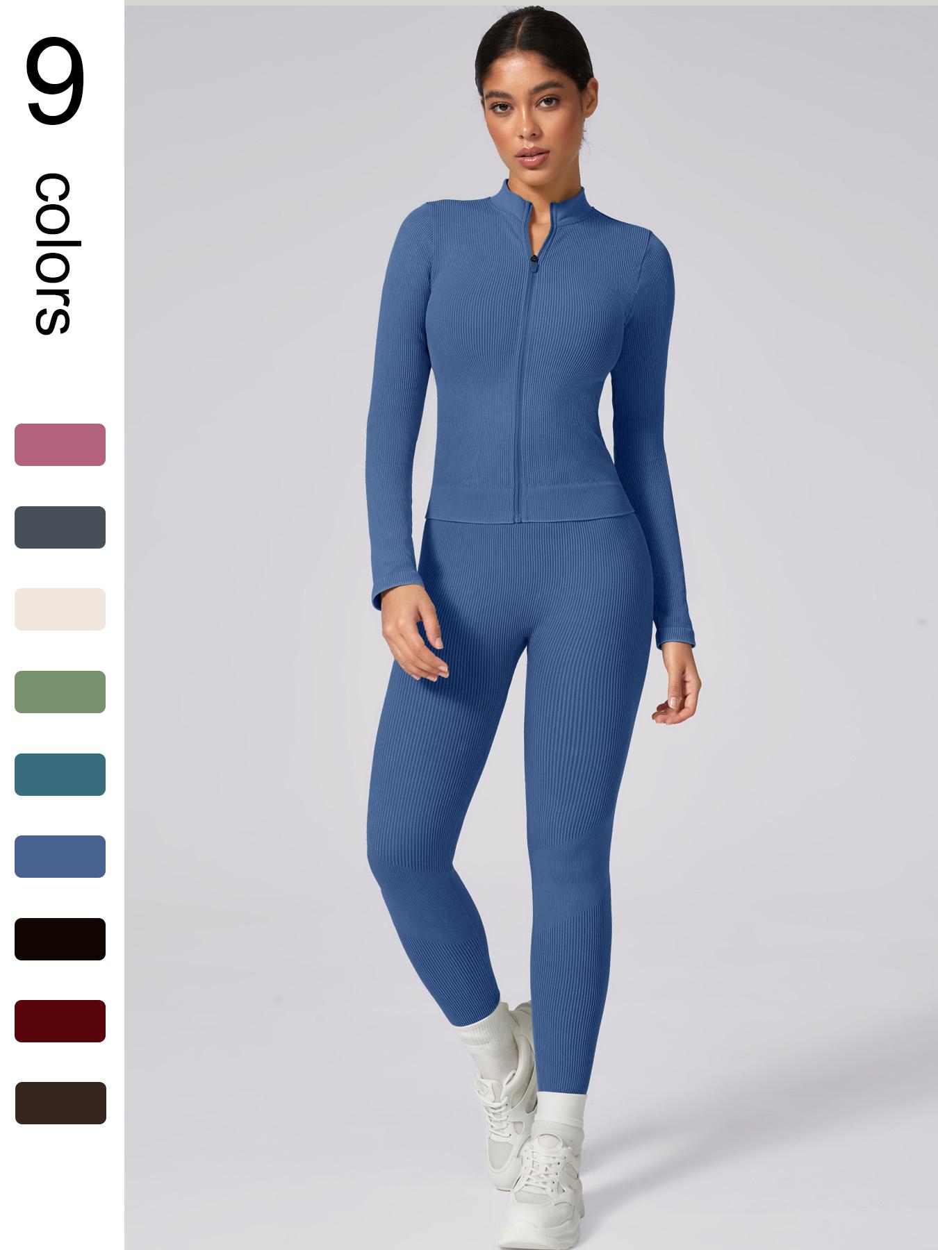 Women's Plain Tracksuit Set, Sports Zip Up Crop Jacket & High Waist Leggings, Ladies Spring & Fall Clothes, Gym Wear, Yoga Suit Outdoor