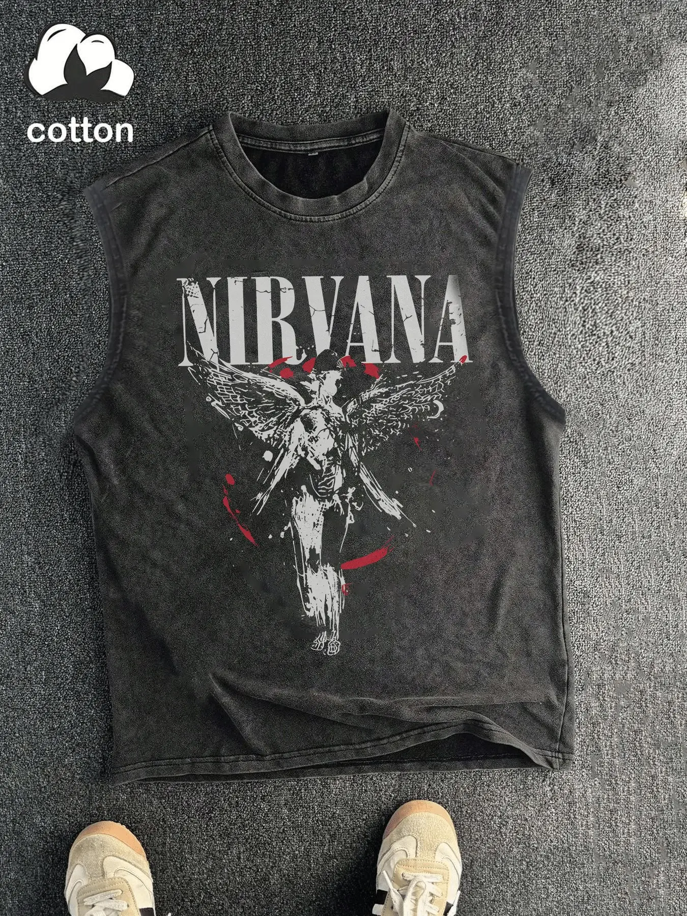 Men's Vintage Washed Nirvana Angel Rock Band Print Sleeveless Cotton Tank, Tank Top Casual, Streetwear Crew Neck Cutoff Muscle Vest, Retro 90s Grunge Punk Band Aesthetic & 100% Cotton Fabric, Daily Streetwear Sleeveless Top for Men