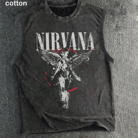 Men's Vintage Washed Nirvana Angel Rock Band Print Graphic Sleeveless Cotton Tank, Tank Top Casual, Streetwear Crew Neck Cutoff Muscle Vest, Retro 90s Grunge Punk Band Aesthetic & 100% Cotton Fabric, Daily Streetwear Sleeveless Top for Men