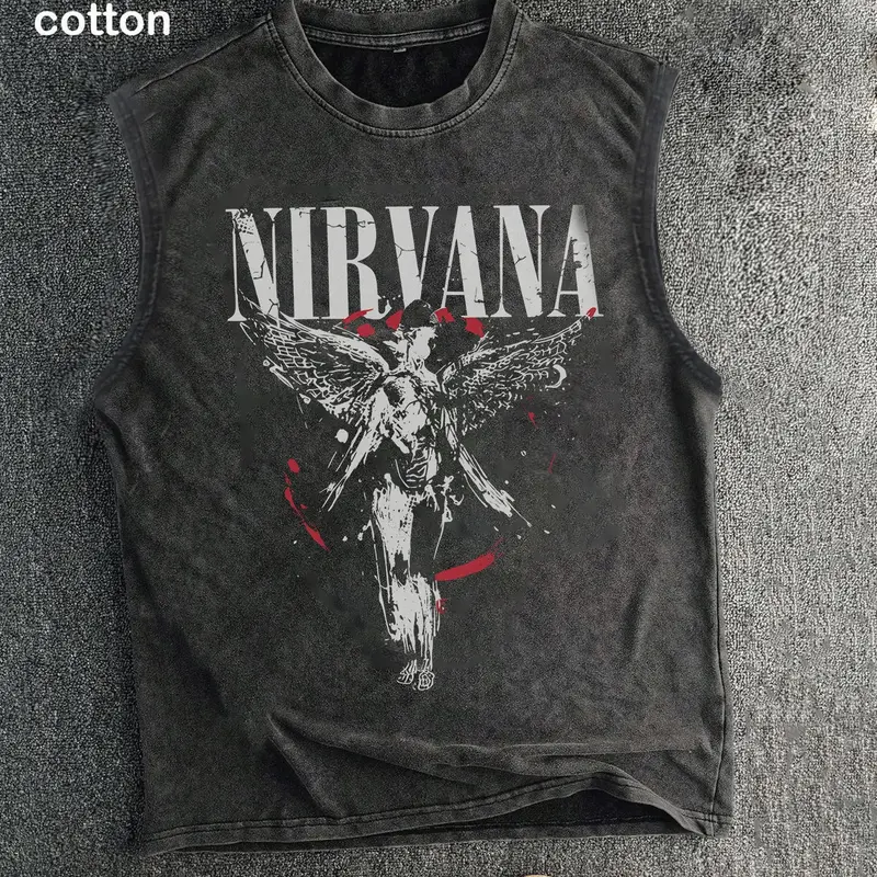 Men's Vintage Washed Nirvana Angel Rock Band Print Graphic Sleeveless Cotton Tank, Tank Top Casual, Streetwear Crew Neck Cutoff Muscle Vest, Retro 90s Grunge Punk Band Aesthetic & 100% Cotton Fabric, Daily Streetwear Sleeveless Top for Men