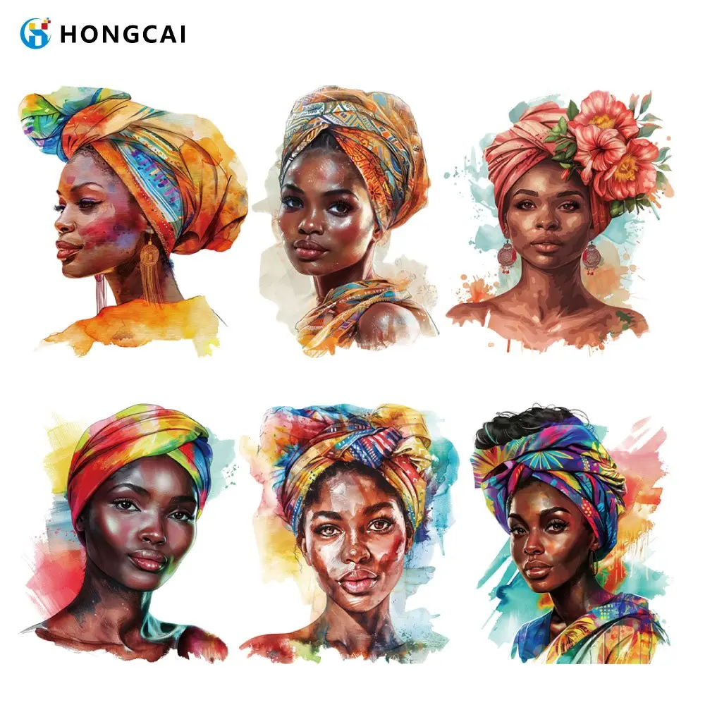 6Pcs exotic headscarf pattern heat transfer stickers. Easy to use and friendly for beginners. Bright and durable, perfect for renovating T-shirts, sweaters and custom clothing design.