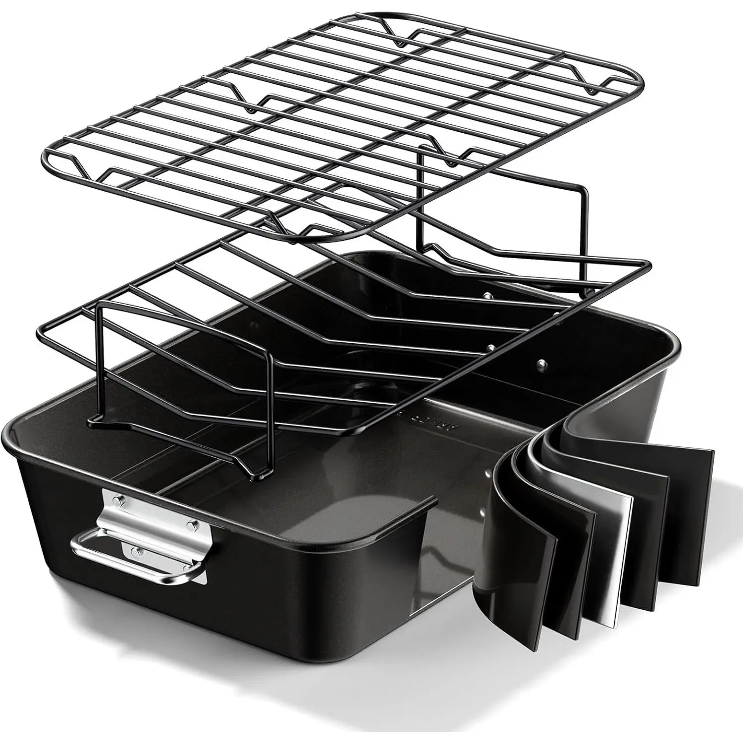 Turkey Roasting Pan with Rack Non stick Carbon Steel Roaster 16x11 Inch, Dishwasher Safe, Deep Baking Broiler Pan for Oven Chicken, Bacon, Black