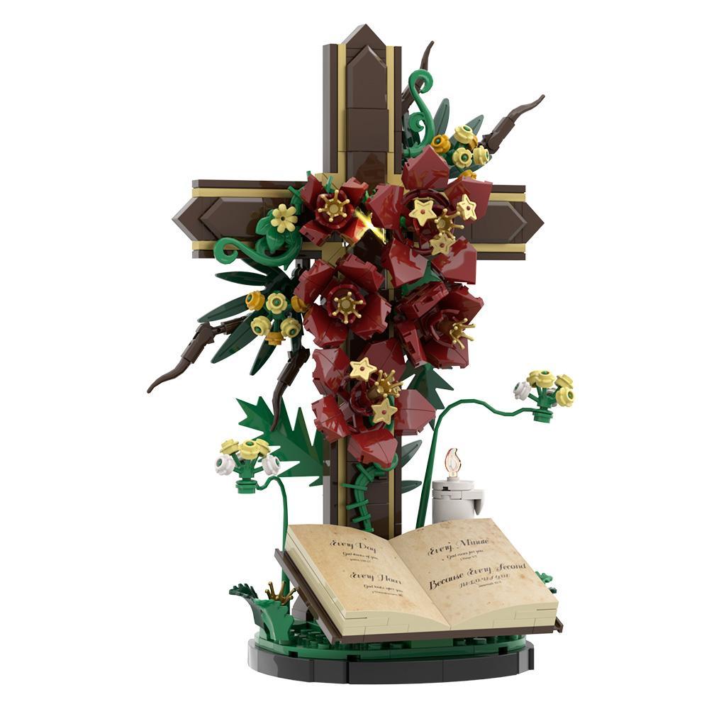 MOC Cross Flower Building Blocks Jesus Cross Tulip Decorative Bricks Adult Toy Christmas Gift