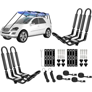 2 Pairs Heavy Duty Universal J-Bar Kayak Rack Roof Top Carrier for Kayak Canoe Paddle Boat Mounted on Car SUV Car and Truck Crossbar with 4 pcs Tie Down Straps