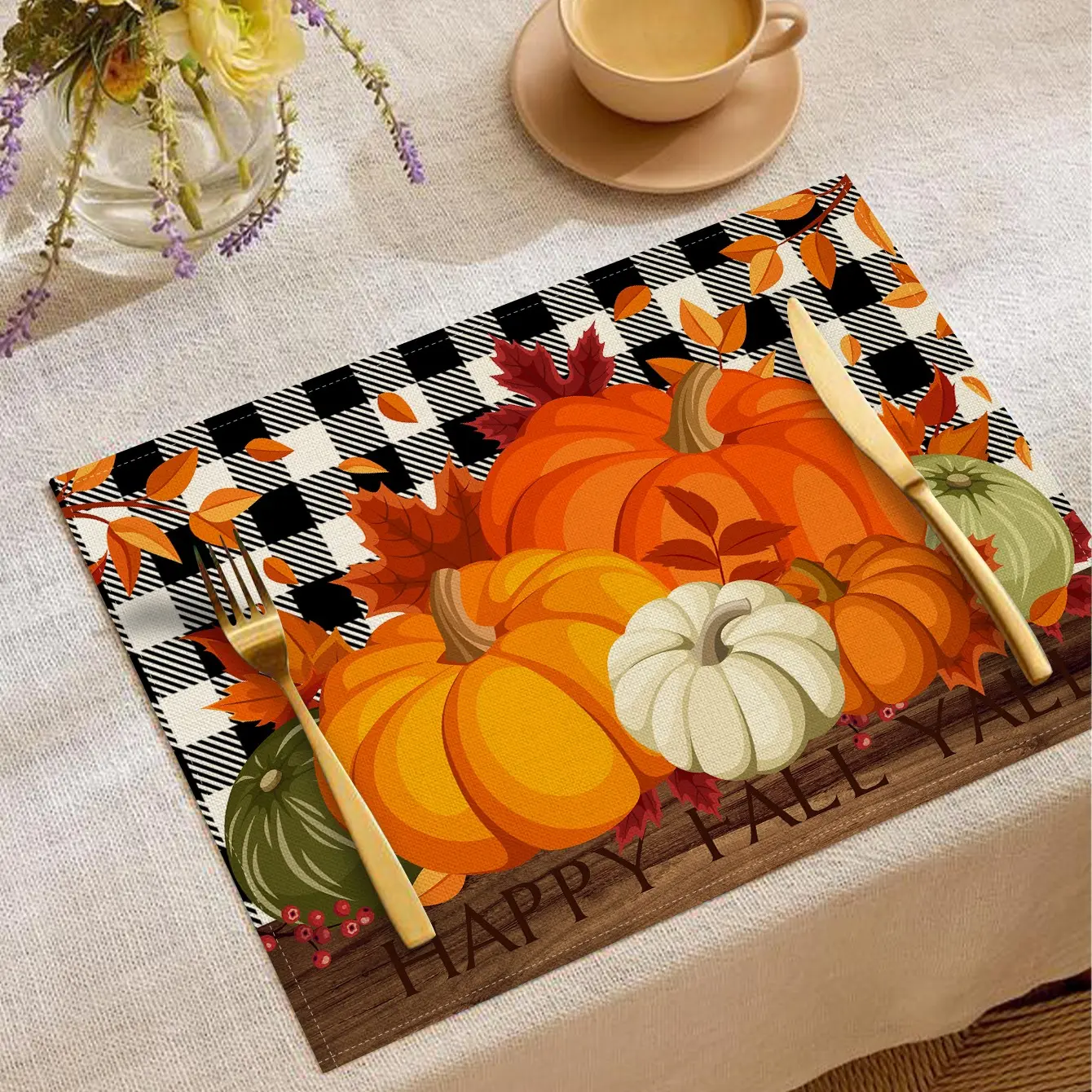 Autumn Thanksgiving Placemats, Checkered Pumpkin Print, Heat Resistant, Simple Style, Ideal for Festive & Daily Use, Table Placemats