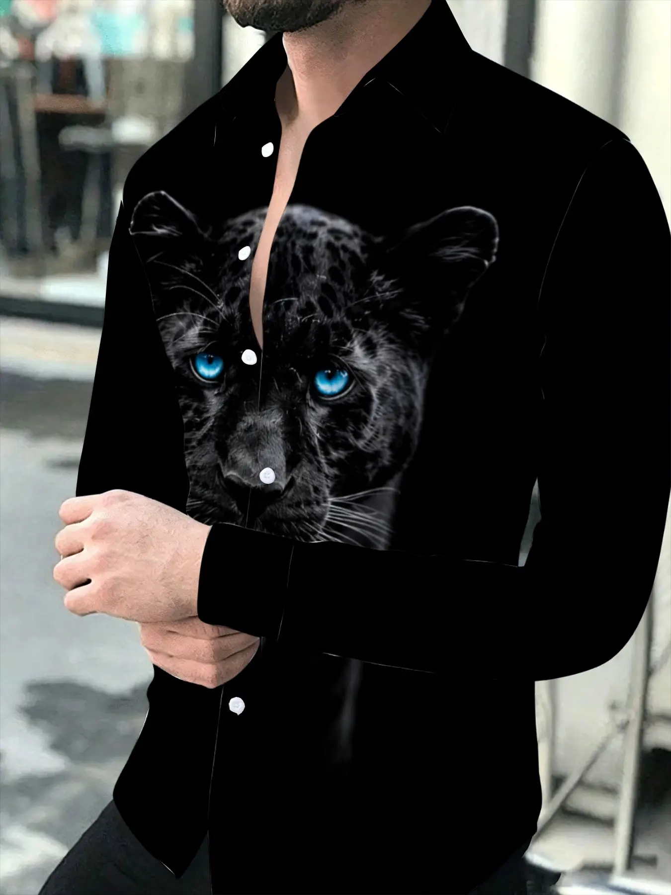 Men's Fashion Long Sleeve Shirt with Black Panther Print, Stylish Animal Pattern Business Casual Top, Trendy Slim Fit Lapel Button-down Shirt, Black Base with Eye-catching Blue-eyed Black Panther Design, Versatile for Daily Commut