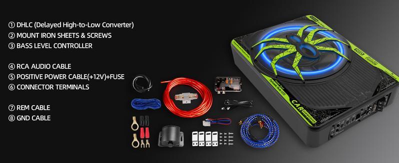 2025 1200W 10"Slim Car Underseat Bicycle stereoSubwooferFree shipping and Amp Package with Ambient Light, Individual Control for Low Pass/Gain/Boost Bass, High output surround vibration bass without distortion for Truck