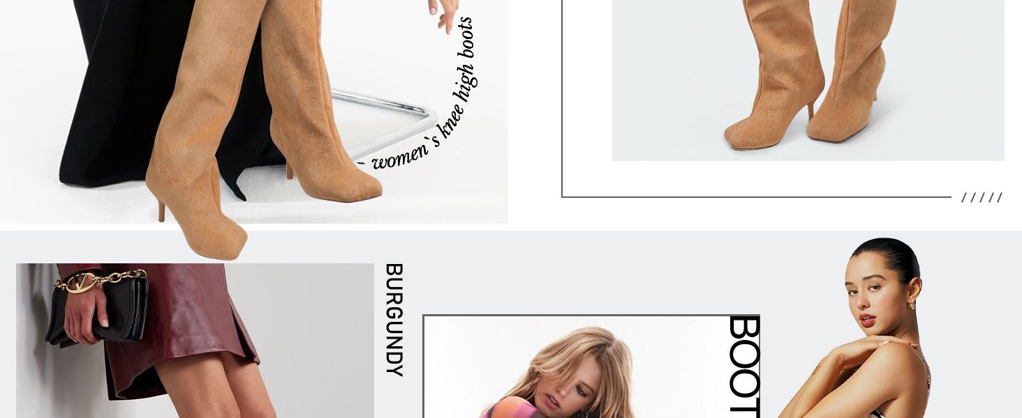 SUNDAY MIRTH Women's Knee High Suede Boots for Women Wide Calf Square Toe Stiletto Heels Tall Boots Pull On High Heel Long Booties