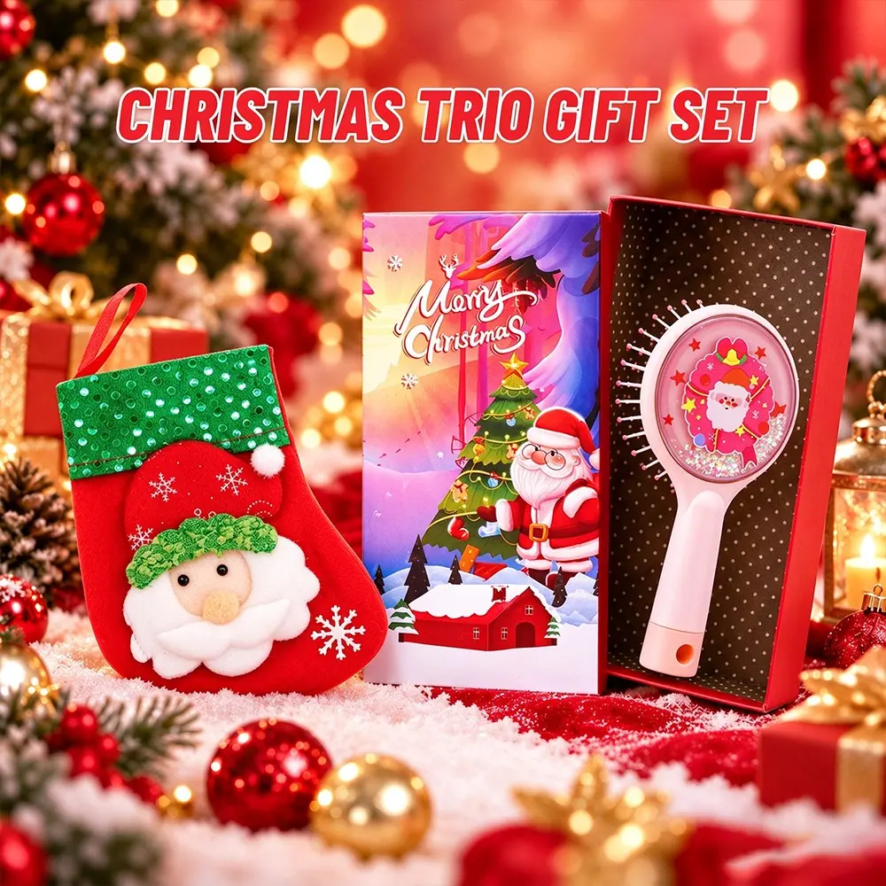 Christmas Flow Sand Comb Set, Santa Glitter Sand Combs with Lights, Christmas Sock Storage Bag, Soft Teeth Massage Hair Brush, Anti-Static Hairbrush, Holiday Gift Set