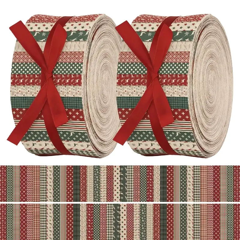 40Pcs Christmas Fabric Strips Red and Green Reindeer Snowflake Patterns Precut Quilting Strips 2.55x19.7 Inch Cotton Fabric Rolls for Holiday DIY Sewing