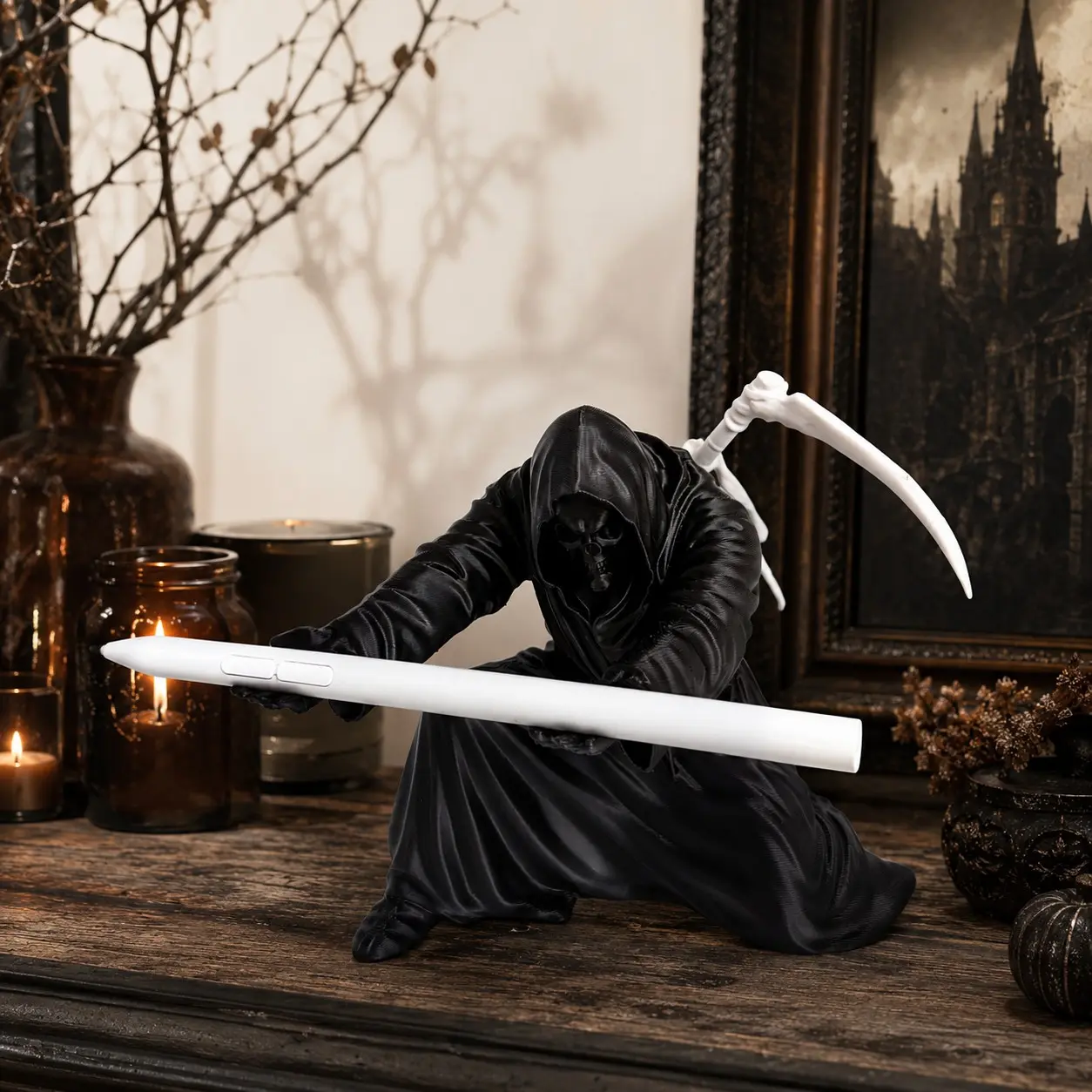 Grim Reaper Pen Stand with Scythe – Skeleton Desk Pen Holder Statue, Gothic Horror Halloween Decoration and Office Desk Organizer, Dark Reaper Figurine for Home Decor, Collectible Skeleton Pen Holder for Pens Display, Desk Accessories