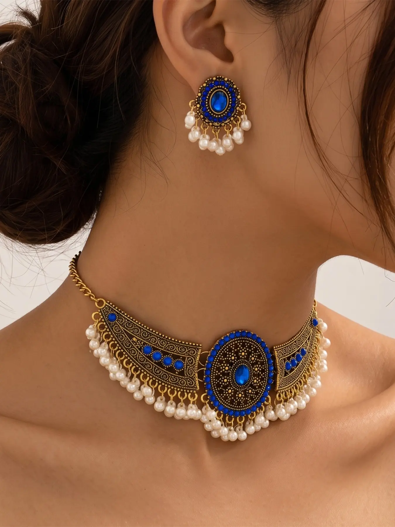 2Pcs Antique Gold Indian Choker Jewelry Set for Women, Royal Blue Gemstone Pearl Fringe Collar Necklace Stud Earrings Pack, Ethnic Tribal Boho Festival Bollywood Bridal Party Accessories