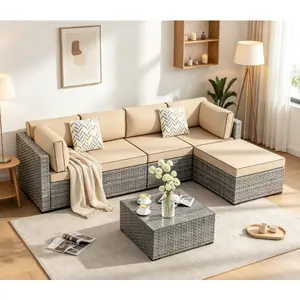 Patio Furniture Set 7 Pieces Outdoor Rattan Chair Wicker Sofa Garden Conversation Bistro Sets for Yard, Pool or Backyard, Silver Gray