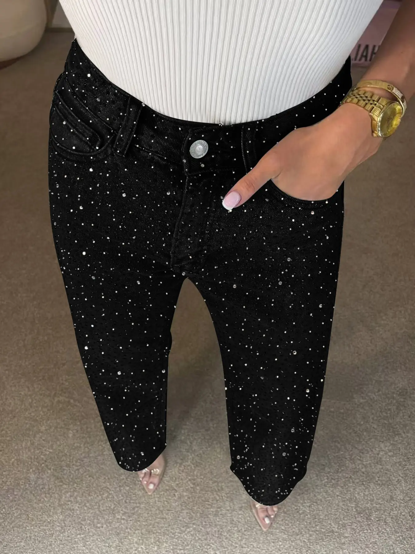 Women's Rhinestone-Decorated Straight Leg Jeans, Sparkling All Seasons Fashion, Loose-Fit Casual Pants for Various Occasions