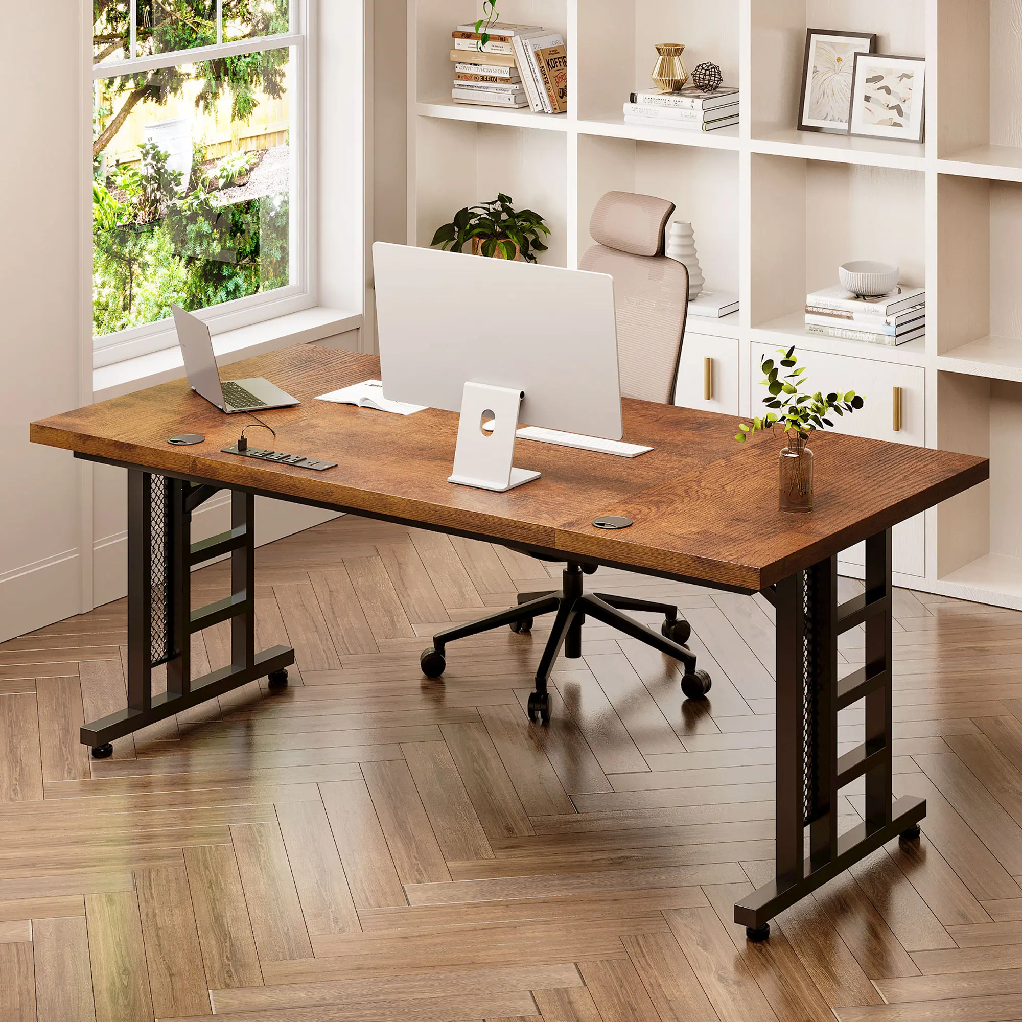 Executive Desk with Power Ports, 78 Inch Large Office Table with 3 Piece Thickened Board for Home Office Workstation