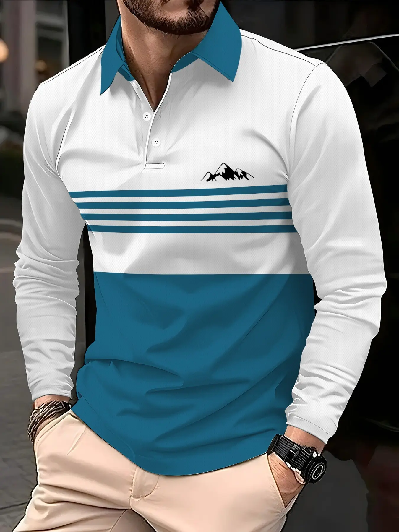 Flip collar three button long sleeved polo shirt, layered striped mountain logo print, versatile top for hiking and commuting