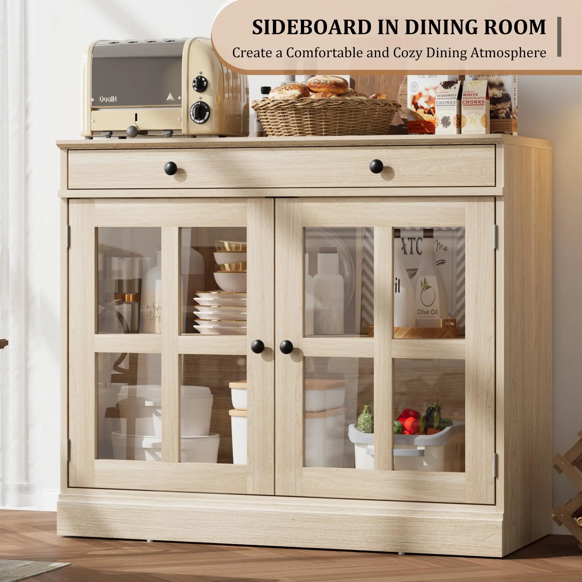 Garvee 35.4" Modern Sideboard Buffet Cabinet with 2 Glass Doors & 2 Drawers, Adjustable Shelf Storage Credenza Coffee Bar for Dining Living Room, White/Oak/Walnut
