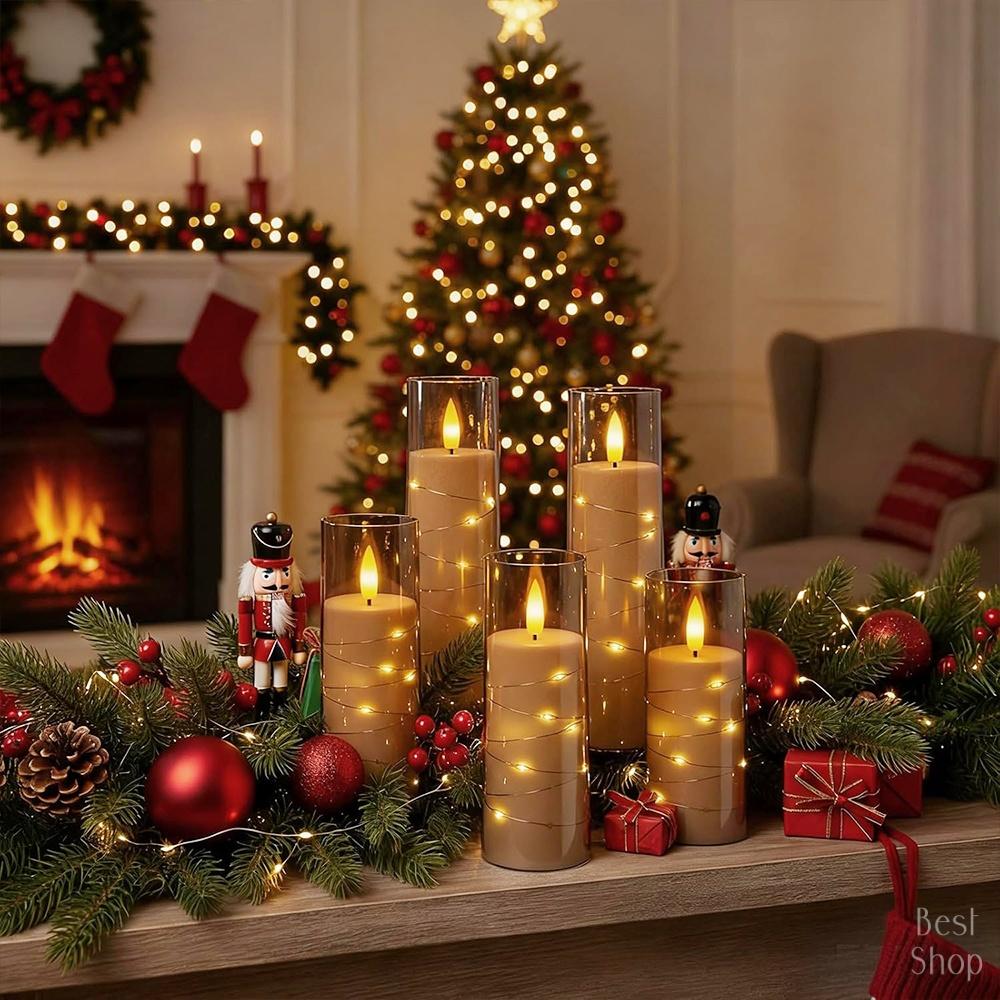 5pcs Flameless LED Candles with Embedded Star String, Battery Operated Acrylic Pillar Candles with Timer and Remote, Flickering Candles for Romantic Ambiance and Home Decoration Mood Decorative,Valentine's Day, Mother's Day