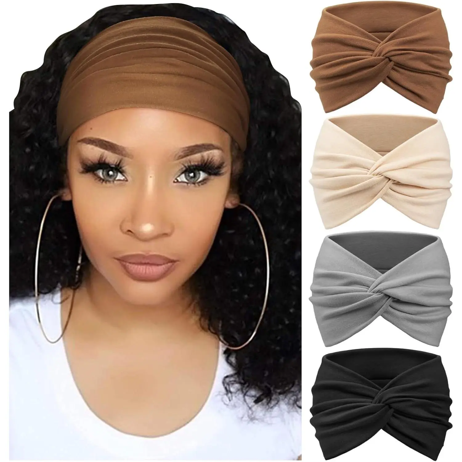 4 Pack Turban Headbands for Wide Vintage Head Wraps Knotted Cute Hair Band Accessories