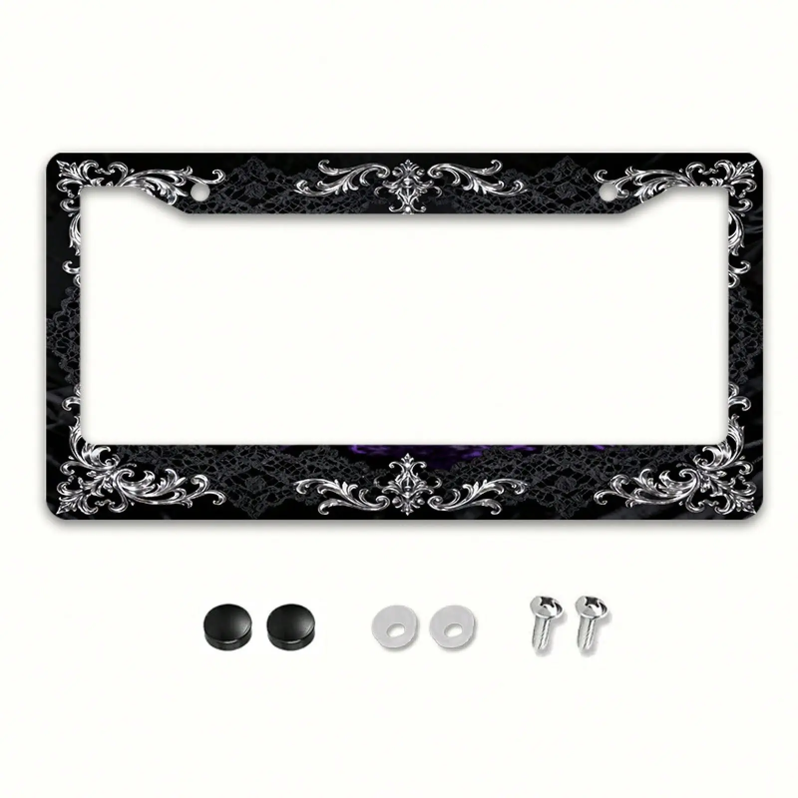 1pc Vintage Silver Metal License Plate Frame - Luxury Engraved Black Lace Plate Holder, Antique Dreamy Style Auto Decor, Car Accessories, Vehicle Accessories, US 12x6in Fit with Screws, License Plate Cover