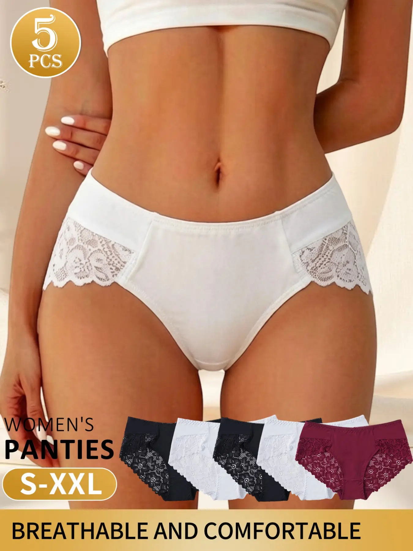 5 Pcs Lace Trim Cute Print Women's Brazilian Panties, Soft Knit Underwear Set, Comfortable & Stylish Lingerie for Daily Wear Soft Comfy Knicker