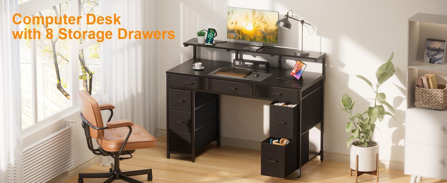 Ecofurnix,47 inch Computer Desk with 8 Storage Drawers, Gaming Desk with LED Lights & USB Power Outlets, Home Office Table with Monitor Stand, Study Writing Work Table for Bedroom Thicker Desktop Oval  Table Wood Workstation summerwins