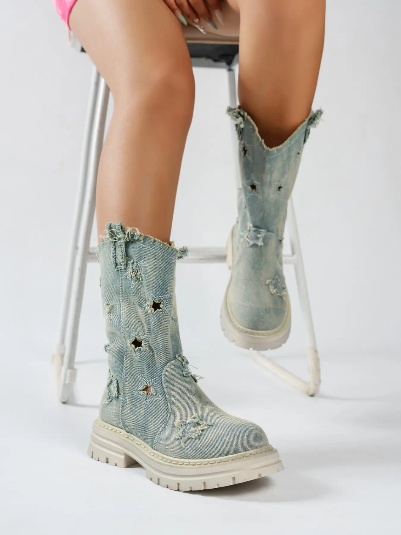 Western Style Women's Mid-Calf Boots, Vintage Washed Denim, Light Wash, Thick Sole, Round Toe, Fashionable Streetwear, All-Season Wear