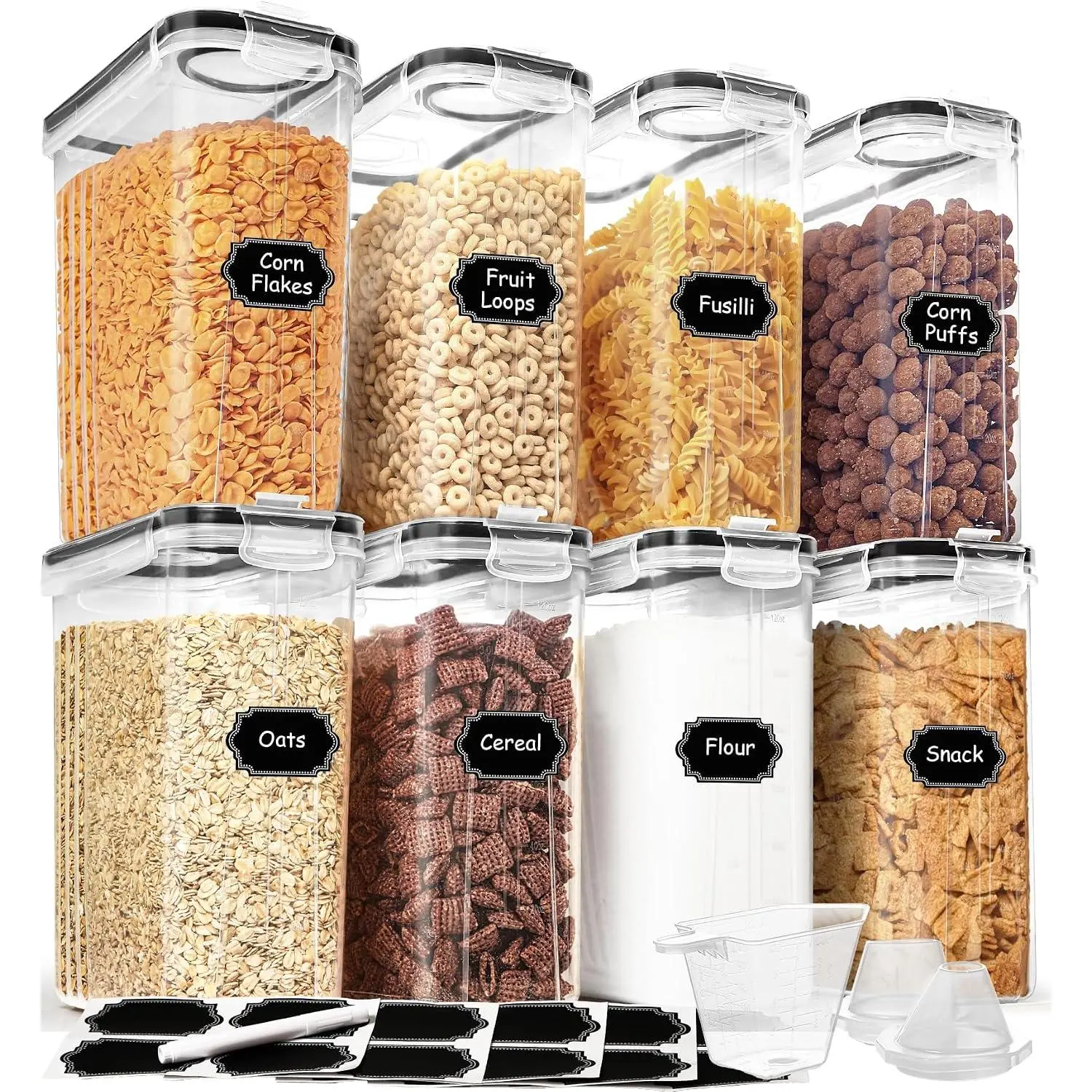 Cereal Containers Storage Set (4L/135.2oz), 2/4/8PCS Airtight Food Storage Containers with Lids, Cereal Dispensers for Kitchen Pantry Organization and Storage with Pour Spout, Labels&Marker