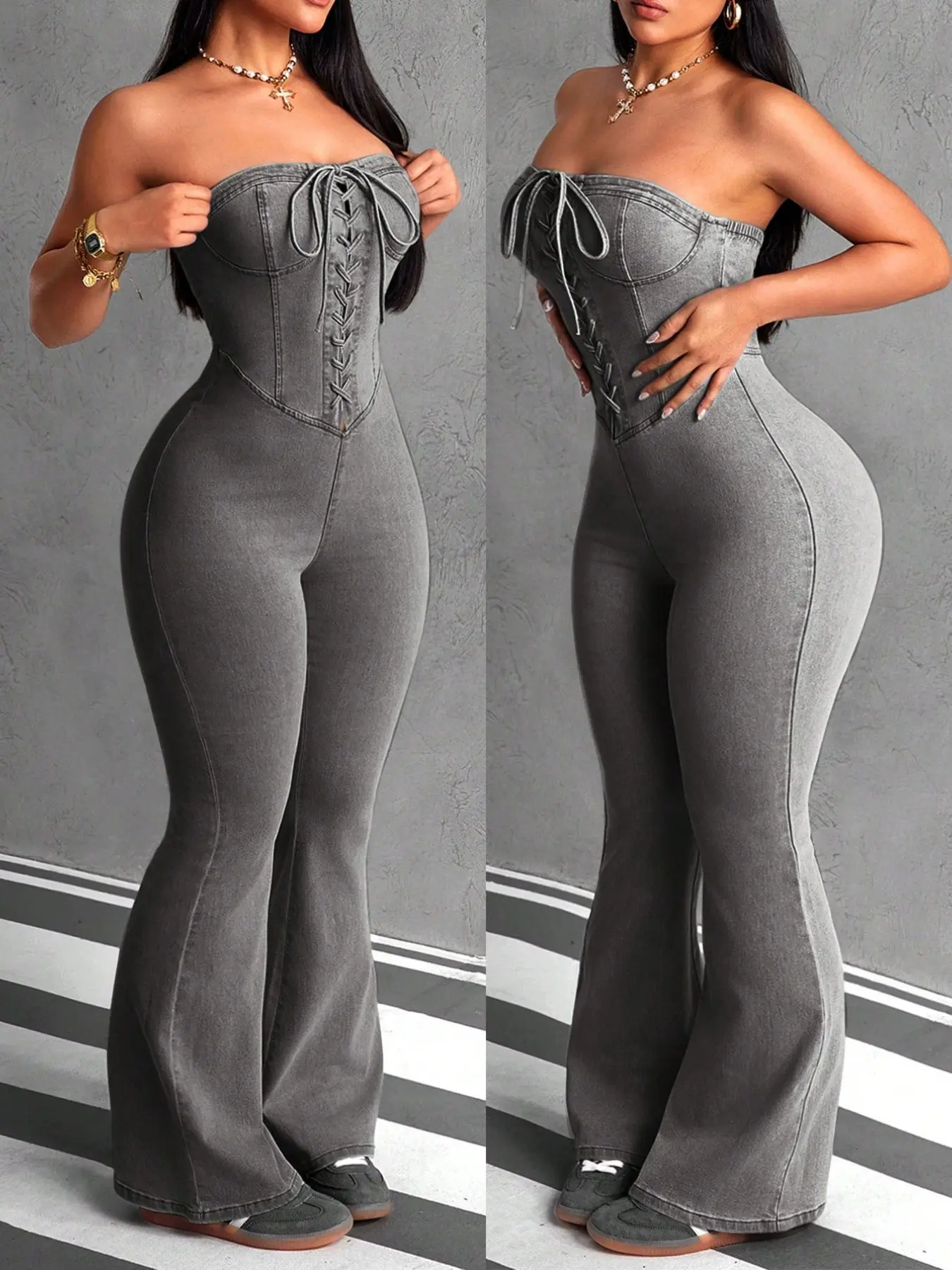 High-Waisted Tie-Band Crop Top Denim Jumpsuit Women, Retro Fishbone Waist Design, Perfect Shoulder Line, American Vintage Hourglass Body Shaper