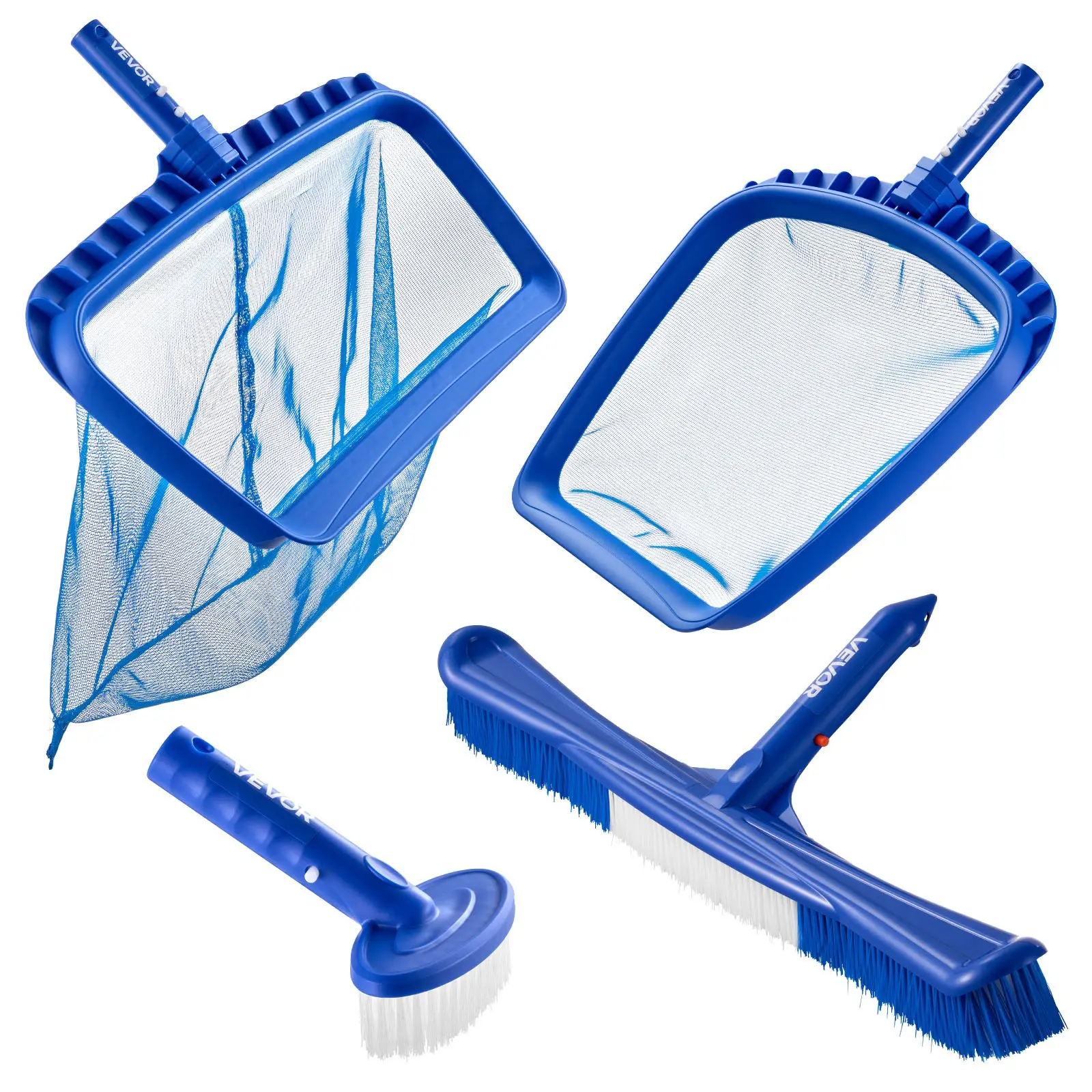 VEVOR Swimming Pool Cleaning Kit, Includes 2 Detachable Brush Heads (20 Inch/ 5.5 Inch) and 2 Pool Skimmer Nets, 4-in-1 Inground/Above Ground Pools Cleaning Tools Set for Leaf, Fine Mesh, No Poles