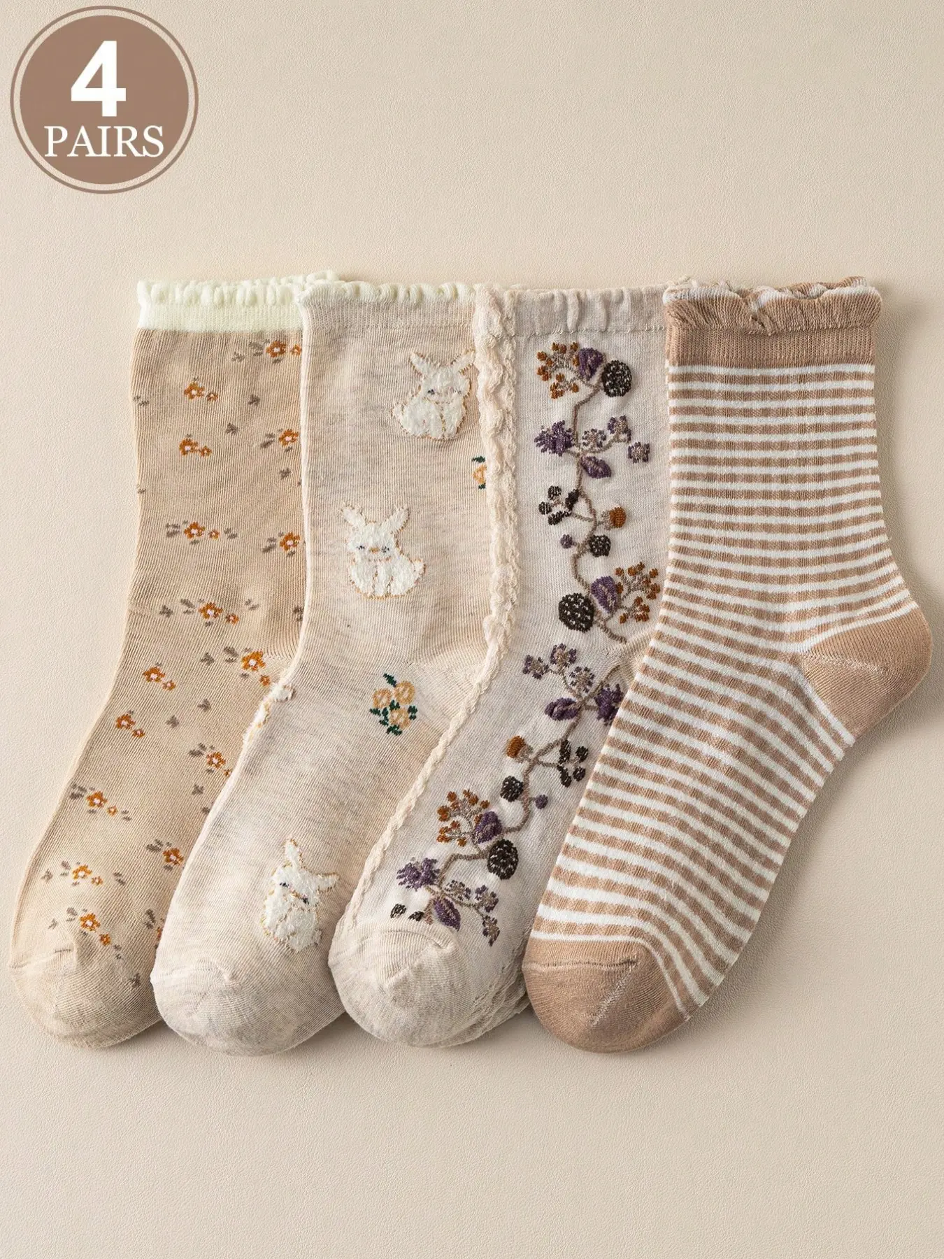 4 Pairs Women's Crew Socks, Berry Pattern, Boho Style, Breathable Elastic Mid-Calf Socks, Fall & Easter Wear