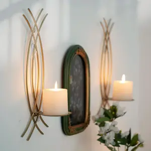 Gold Wall Sconce Set of 2 Metal Candle Holder Modern Hanging Decoration for Living Room Farmhouse Wall Mounted Candelabra with Minimalist Lines Gothic Antique Decor