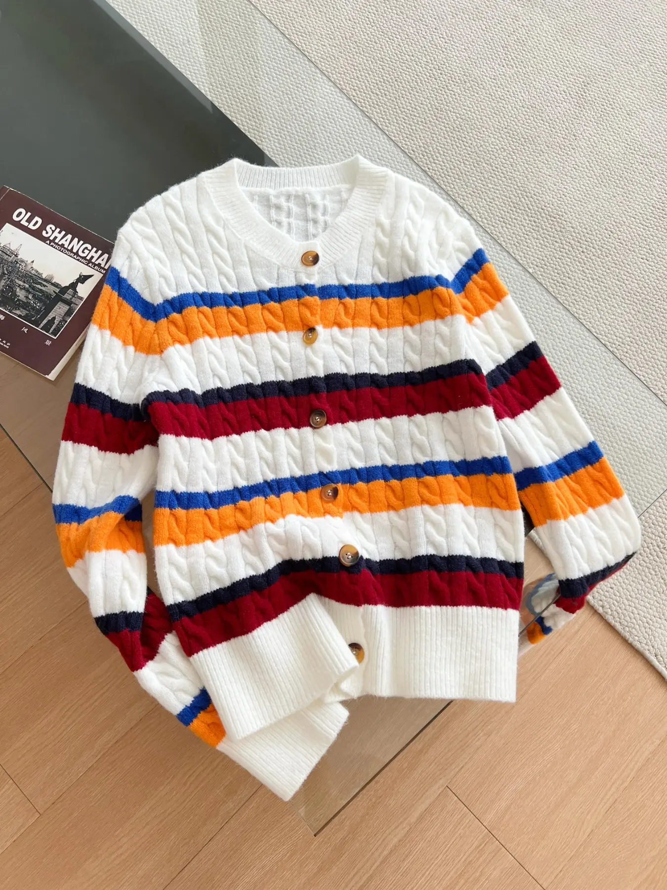 Rainbow Color Knit Sweater, Round Neck Long Sleeve, Single Row Button Design, Unique Fashion Style, Versatile and Stylish Outerwear