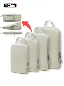 A 4-piece compression-packed cubic travel storage bag set featuring a durable and reusable design, anti-RFID functionality, and a classic aesthetic, Travel Accessories