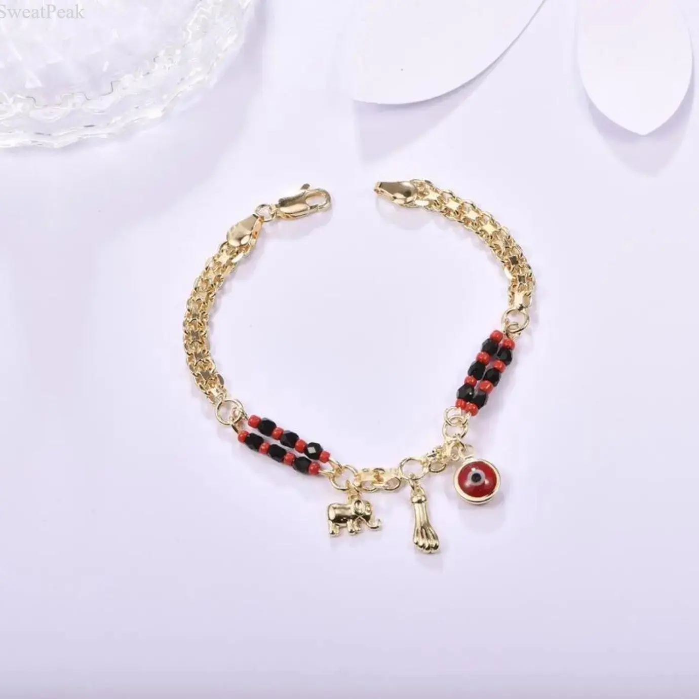 Female Beach Animal Brass-Plated Handmade Evil Eye Elephant Boho Charm Bracelet, Lightweight Protection Jewelry, Sports & Outdoor Accessory for Daily Wear, Gift