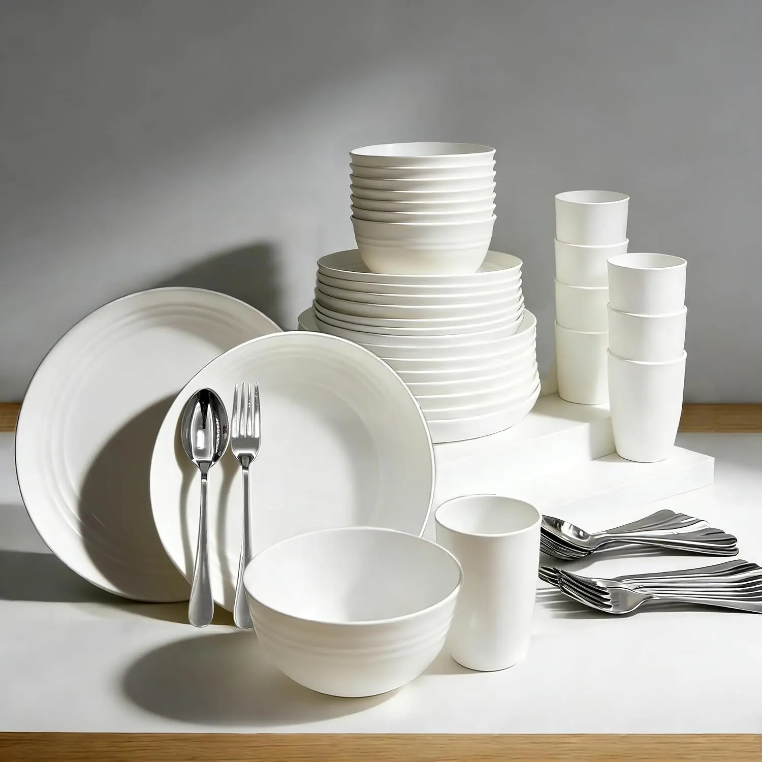 48 count Plates and Bowls Sets for 8- Unbreakable Wheat Straw Dinnerware Sets Includes Stainless Steel Forks for Picnic Camping Outdoor Kitchen and Apartment Dinning RV Essentials-White