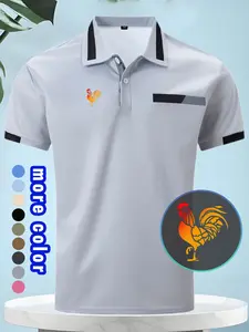 New Men's Casual Polo Shirt, Chest Pouch Design, Rooster Print Collar Button Short Sleeve Tee, Comfortable Breathable Fabric, Ideal for Leisure, Vacation, Sports